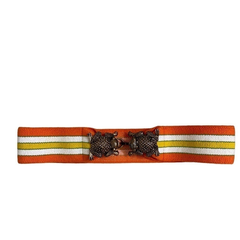 Vintage Statement Brass-tone Double Frog Hook Closure Stretch Waist Belt Small - Picture 4 of 10